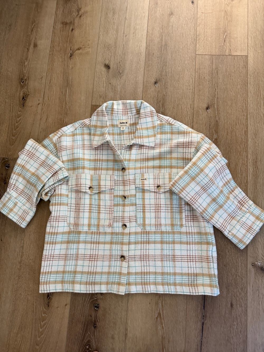 Hurley White Plaid Button-Up Jacket with Tan and Light Blue Stripes